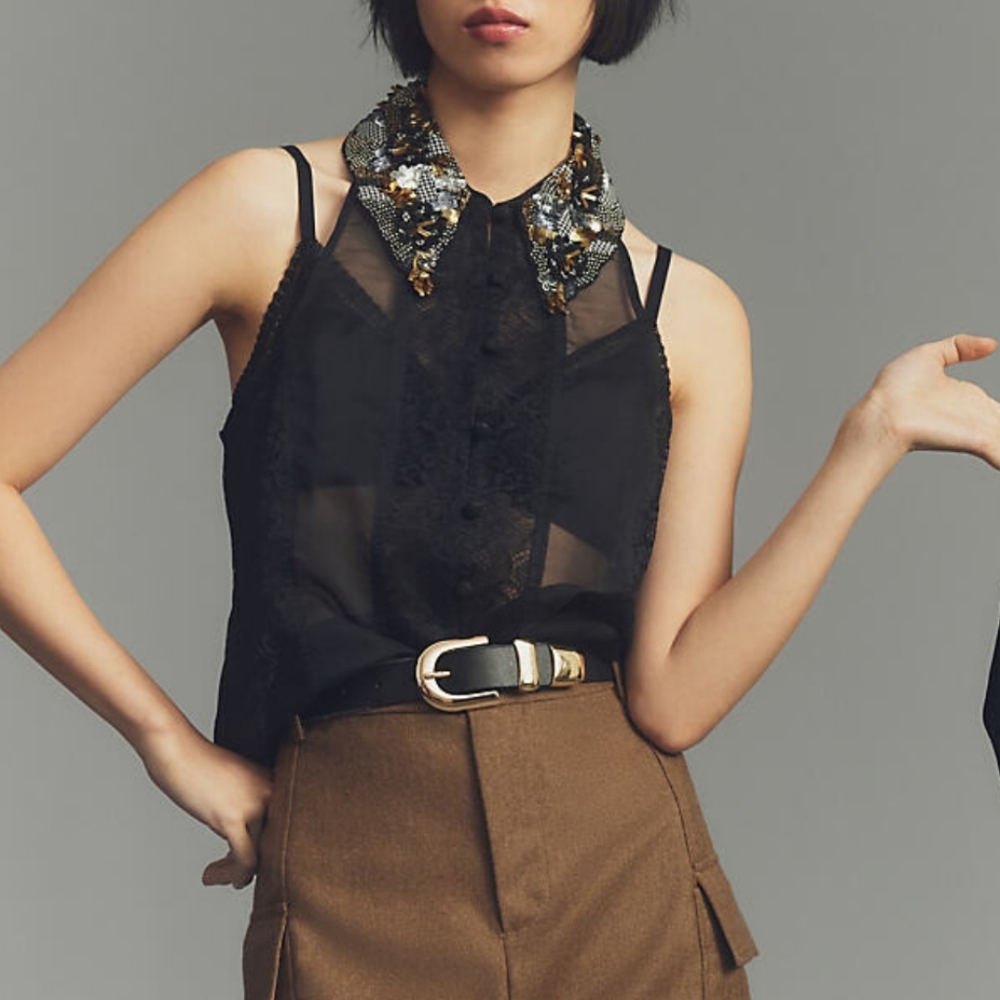 Anthropologie Maeve Embellished Collar Sheer Tank Top